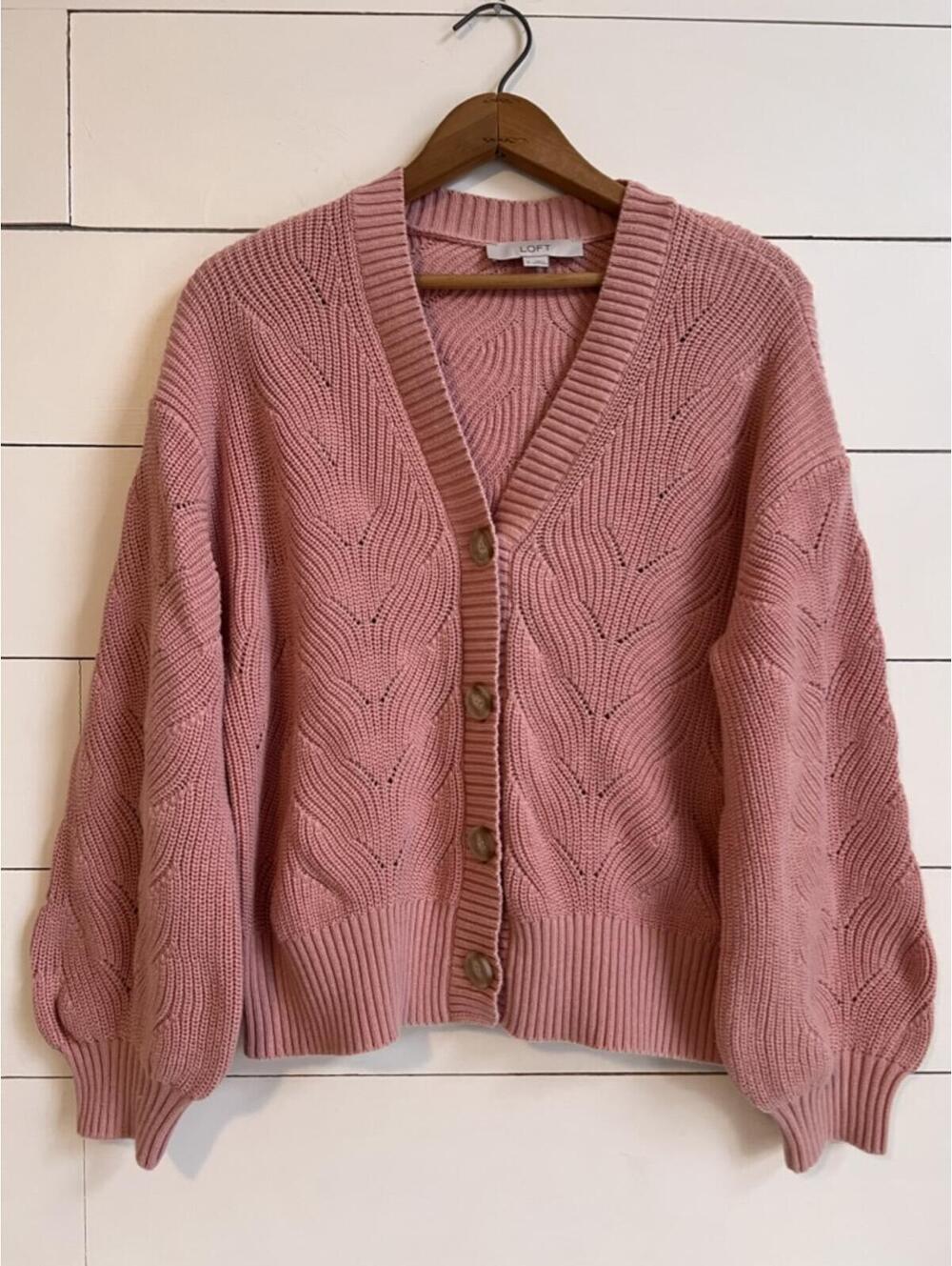 LOFT Ann Taylor Women's Chunky Knit V-Neck Button Up Cardigan XL Pink